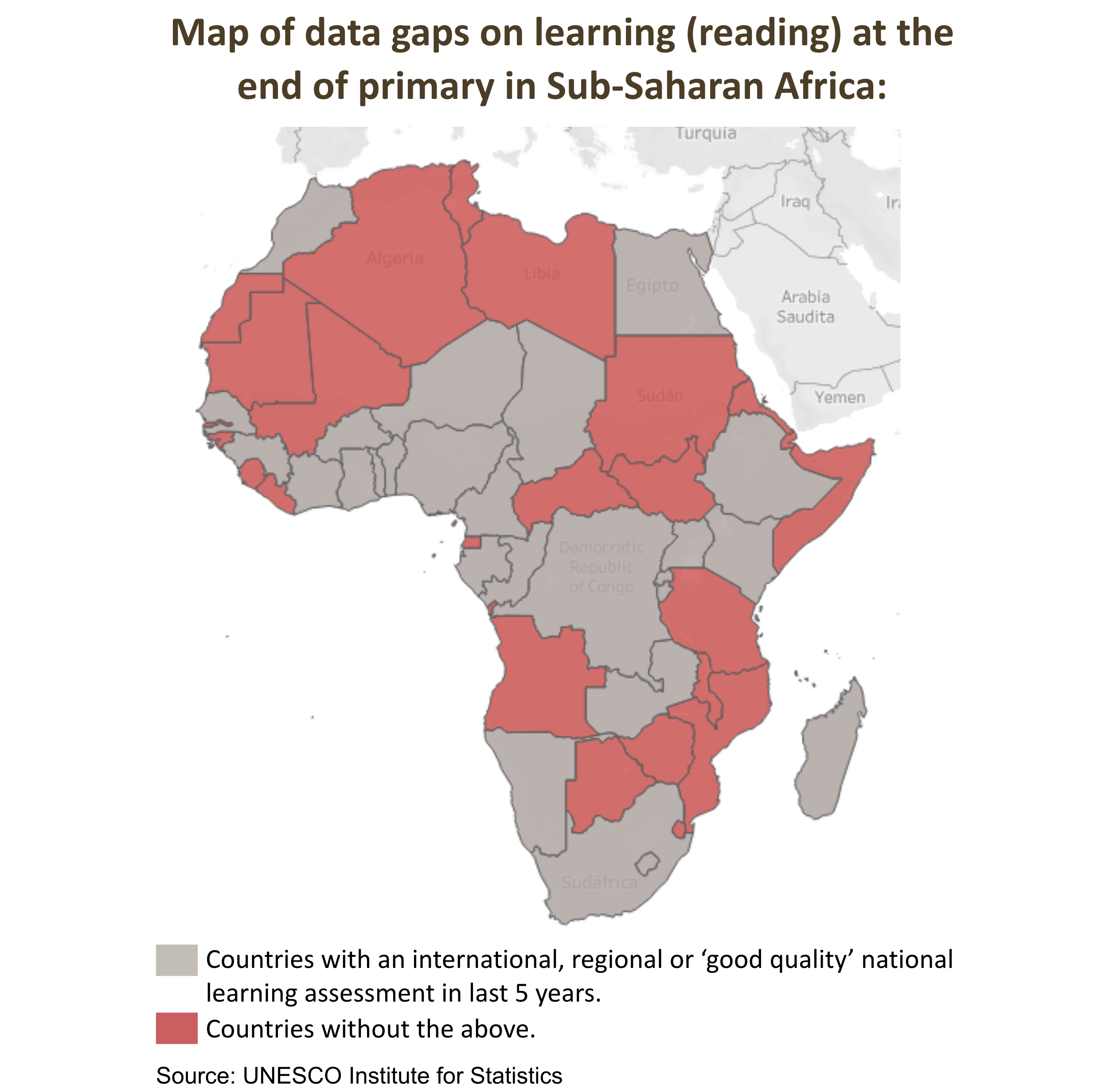 Map of data gaps on learning (reading) at the end of primary in Sub-Saharan Africa